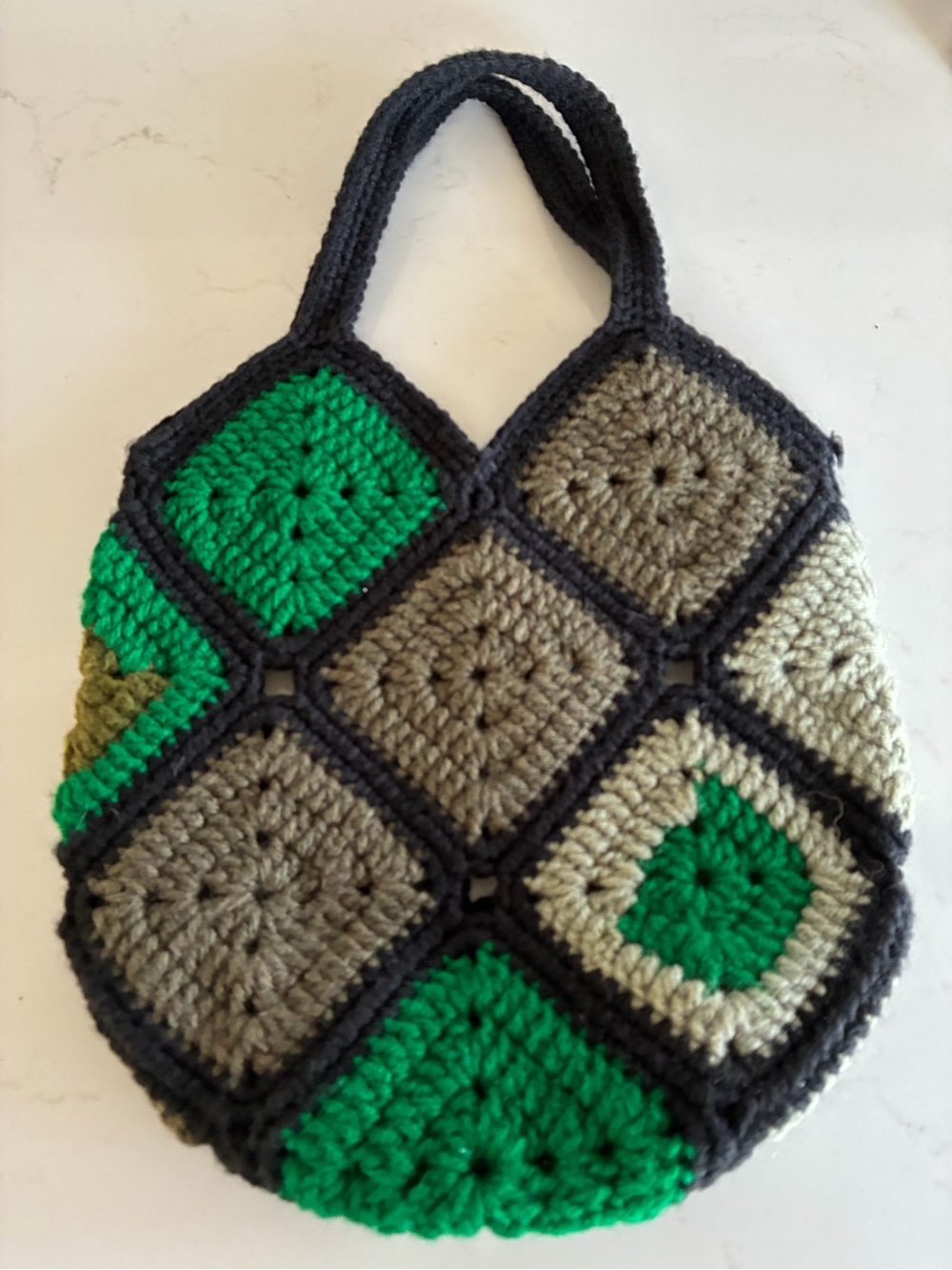 OOAK Handmade Crochet Patchwork Tote Bag - Green & Gray
